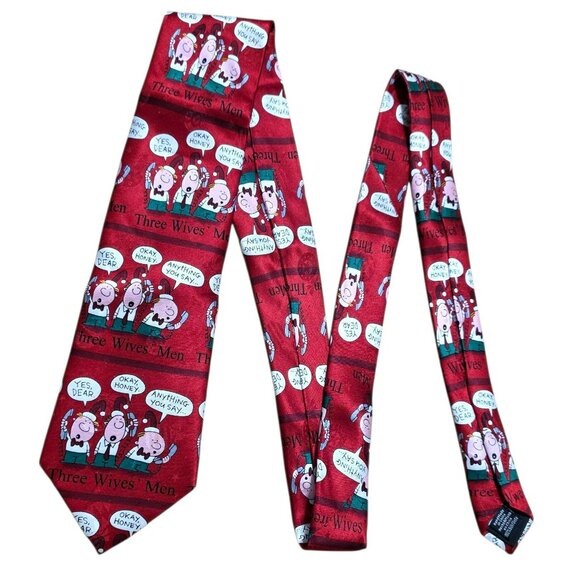 VTG John Ashford Silk Christmas Neck Tie Three Wives Men Cartoon Holiday Party - Picture 6 of 7
